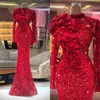Amazing Red High Neck Prom Dresses Mermaid Ruffles Long Sleeves Party Dresses Crystals Beads Sequins Custom Made Evening Dress