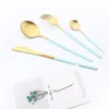 Servis set knivgaffel dessert sked matt poleringssats 18/6 st mint grön guld rostfritt stee cutlery kök bordsartiklar