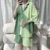 Erkek Trailsits Vintage 2023 Yeşil Yaz Erkekler Kore Moda Setleri Ceket Gömlek Şortları 2 Giyim Hızlı Kuru Sokak Giyim