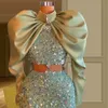ふくらんでいる長袖プロムドレスセージグリーンステインスパンコールスプリットカスタムメイドの人魚アラビアイブニングドレス