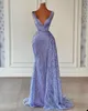 Romantic Lilac lavender Prom Dresses Deep V Neck Sleeveless Sequined beaded Lace Floor Length Mermaid Size Train Evening Gown