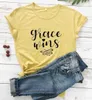 Womens Grace Wins T Shirt Christian Jesus Motivational Tee Religion Slogan Quote