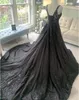 Gothic Wedding Black Dresses Gowns With Straps V Neck Lace-Up Back Sequined Lace Tulle Non White Vintage Bride Dress intage