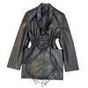 Women's Leather Women's Fall 2022 Lapel Long Sleeve Pull Rope Elastic Waist Design Black PU Coat