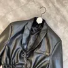 Women's Leather Women's Fall 2022 Lapel Long Sleeve Pull Rope Elastic Waist Design Black PU Coat