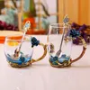 Tazas platillos 3D Rosa mariposa cristal creativo esmalte azul cristal taza de té taza de café con cuchara conjunto regalo de boda