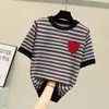 Women's T Shirts Summer Striped Knitted Top Viscose Fiber High Temperature Drilling Embellishment T-shirt Women's Short-Sleeved