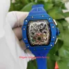 Super Quality Mens Watch 44mm x 50mm RM11-03 Jean Todt NTPT Skeleton Carbon Fiber Blue Bezel Watches Rubber Bands Transparent Mechanical Automatic Men's Wristwatches