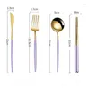 Geschirr Sets 24PCS Lila Besteck Set Edelstahl Abendessen Messer Löffel Gabel Essstäbchen Geschirr Hochzeit Geschenke Golden