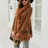 QnpQyx New Women Cape for Winter Leopard Faux Fur Collar厚い温かいニットジャケットPonchos Outwear Knitwear