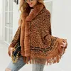 QnpQyx New Women Cape for Winter Leopard Faux Fur Collar厚い温かいニットジャケットPonchos Outwear Knitwear