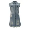 Giacche da donna Gilet da donna vintage da donna Casual con risvolto abbottonato senza maniche Tasca in denim strappato Camicia per ragazze adolescenti