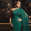 One Shoulder Mermaid Evening Dresses Emerald Green Chiffon Side Wrap Prom Gowns Long Satin Special Occasion Dress286C