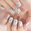 False Nails Round Short Glitter Lines Design Fake Art Press On With Full Cover Manicure Salon At Home Daily Wear Light