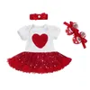 Ensembles de vêtements Emmababy bébé fille costume trois pièces motif coeur à manches courtes patchwork sequin tulle robe style barboteuse bandeau chaussures