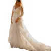 Plus Size Autum Lace Country Wedding Dress 2023 Crystals Beaded V Neck Long Seeve A Line Empire Waist Bride Wear Court-Train Bridal Gowns