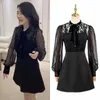 Casual Dresses Kpop Korean Party Temperament Lace Splice Long Sleeve Dress Women Nightclub Sexy Mesh See-Through Lace-up Bow Black Mini