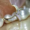 Wedding Rings Elegant Imitatie Pearl Gold Color Women Glanzende CZ Romantische huwelijksceremonie feestring mode -accessoires