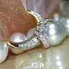 Anéis de casamento imitação elegante pérola cor dourada mulher mulher brilhante cerimônia de casamento romântica Ring Ring Anel Fashion Acessórios