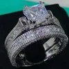 Anneaux de mariage taille 5-10 gros bijoux professionnels rétro princesse 14 carats or blanc rempli 6 mm CZ bande bague ensemble cadeau de Noël