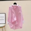 Women's Blouses Pink Mid-Long Vertical Striped Shirt Women 2022 Spring Summer Single-Breasted Front Short Back Long Female Jacket R144