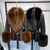 Femmes en cuir YOLOAgain Flurry Fur Collar Real Jacket Coat Women