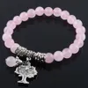 8mm Natural Rose Quartzs Strand Stone Armband Pink Crystal Beads Pärled Stretch Bangle Metal Tree of Life Charms smycken K3219