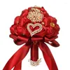 Decorative Flowers Bouquet For Bride Bridesmaids Soft Ribbons Artificial Rose Bridal Holding Flower 667A