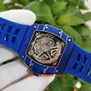 Hochwertige Herrenuhr 44 mm x 50 mm RM11-03 Jean Todt NTPT Skeleton Carbon Fiber Blue Lünette Uhren Gummibänder Transparente mechanische automatische Herrenarmbanduhren