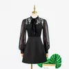 Casual Dresses Kpop Korean Party Temperament Lace Splice Long Sleeve Dress Women Nightclub Sexy Mesh See-Through Lace-up Bow Black Mini