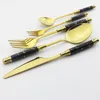 Dinnerware Sets Black Gold Kitchen Tableware Ceramic Handle Cake Fork Tea Spoons Knives Set Stainless Steel Cutlery Dinner