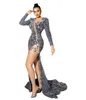 Graue Meerjungfrau-Abschlussballkleider mit Schlitz, glitzerndes Abendkleid für Empfänge, Spiegelkristall, Glasstein, Trauzeugin-Kleider