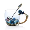 Tazas platillos 3D Rosa mariposa cristal creativo esmalte azul cristal taza de té taza de café con cuchara conjunto regalo de boda