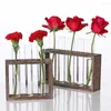 Vazen Vintage Wood Stand Rack met glazen buis Planter Tabletop Bloemvaashouder voor tafel Desktop Decor Container