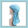 Accessoires de cheveux Nouveaux hommes Solid Headwear Bandeau Pirate Silky Durag 17 Couleurs Longue queue Headwrap Satin Respirant Bandana Chapeau Cheveux S Dh0Yf