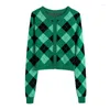 Damesbreien EVFER ENGELAND-stijl Plaid Print gebreide lente herfst korte vesten meisjes meisjes o-neck lange mouw groene truien dames gebreide kleding