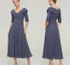 Ink Blue A-Line Mother of the Bride Dress Plus Size V Neck Ankell￤ngd Chiffon Half ￤rmhylsa veck Bridal Party Gown 2023