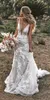 빈티지 인어 스파게티 웨딩 드레스 v-목 등이없는 레이스 아플리케 3D 꽃 국가 신부 가운 플러스 크기 맞춤 제작