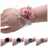 Decorative Flowers Rose Bridal Corsage Bridesmaid Wrist Flower Pearl Bead Wristband For Wedding Dancing Party Decor