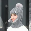 Coral Fleece Women Knitted Hats Add Fur Warm Winter Hat for Women with Zipper Scarf Keep Face Warmer Balaclava Pompoms Cap WLL1791