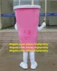 Burly Mascot Costume Pink Beverage Cup Läskdrycker Mugg Tumblerful Glass Tecknad karaktär Mascotte Vuxna Vita byxor Nr.