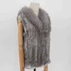 Pur FAUX 2021 Moda Real Rabbit Vest De mangas de malha sofisticadas com casaco natural de raccoon T2221102