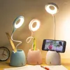 Tafellampen USB Bedside Lamp Touch Diming Bendable Desk Licht Oogbescherming Leren slaapkameravond met functiepenhouder