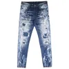 2023Painted Stitch Detail Jeans Mens Distressed Vintage Slim Fit Leg Denim Trousers Male