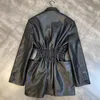 Women's Leather Women's Fall 2022 Lapel Long Sleeve Pull Rope Elastic Waist Design Black PU Coat