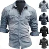 Chemises décontractées pour hommes Mode Hommes Jeans à manches longues Chemise Slim Fit Blue Denim Rétro Deux poches lavées Mâle Cowboy XXXL Workwear
