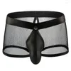 Underpants Sexy Men Boxer Shorts Gay Open Crotch Underwear Low Waist Mesh U Convex Patent Leather Erotic Cutout Cueca