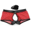 Underpants Sexy Men Boxer Shorts Gay Open Crotch Underwear Low Waist Mesh U Convex Patent Leather Erotic Cutout Cueca