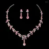 Necklace Earrings Set TREAZY Gold Plated Pink Crystal Bridal For Women Water Drop Choker Wedding Prom Gift