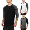 Débardeurs pour hommes sportifs hommes manches 3/4 col rond bloc de couleur Patchwork coton T-shirt bas haut